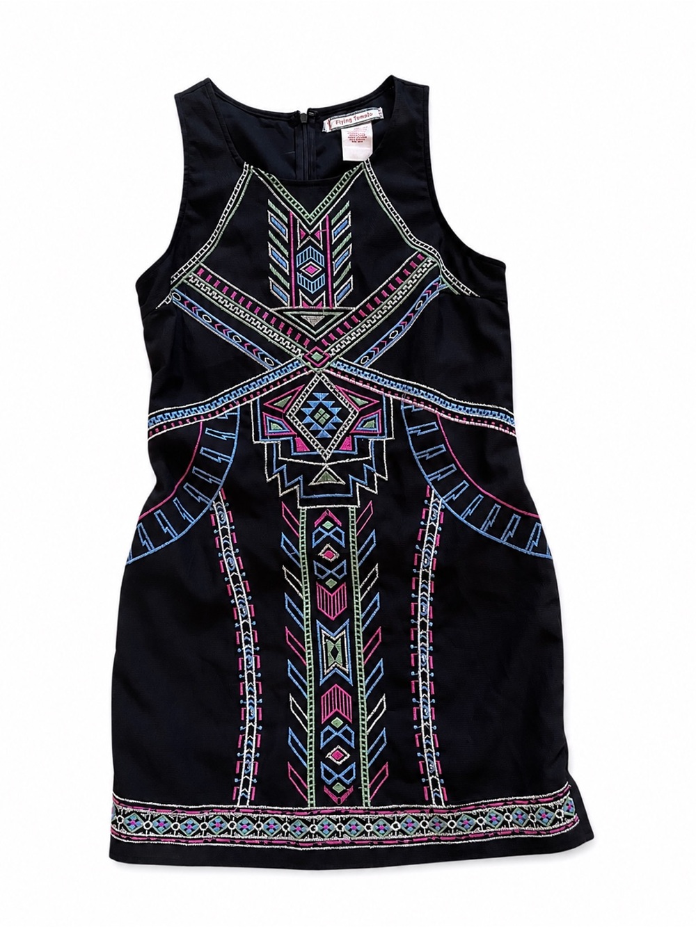 Flying Tomato Black Mini Dress with Multicolor Embroidered Geometric Design